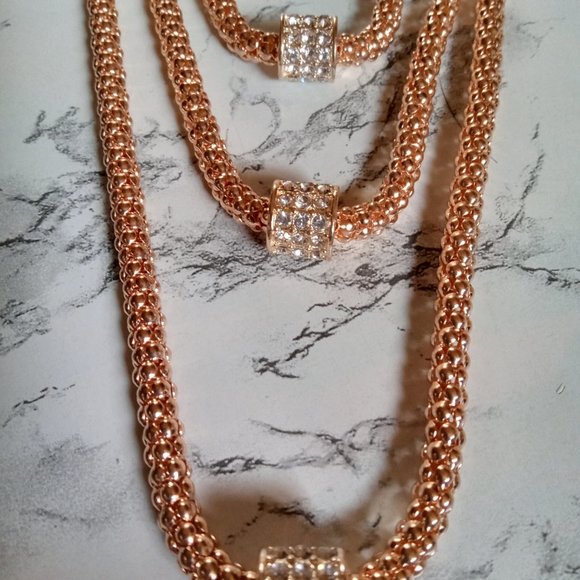 3 Tier Rose Gold Tone Popcorn Chain Each with crystal encrusted rondelle barrel - Picture 11 of 14